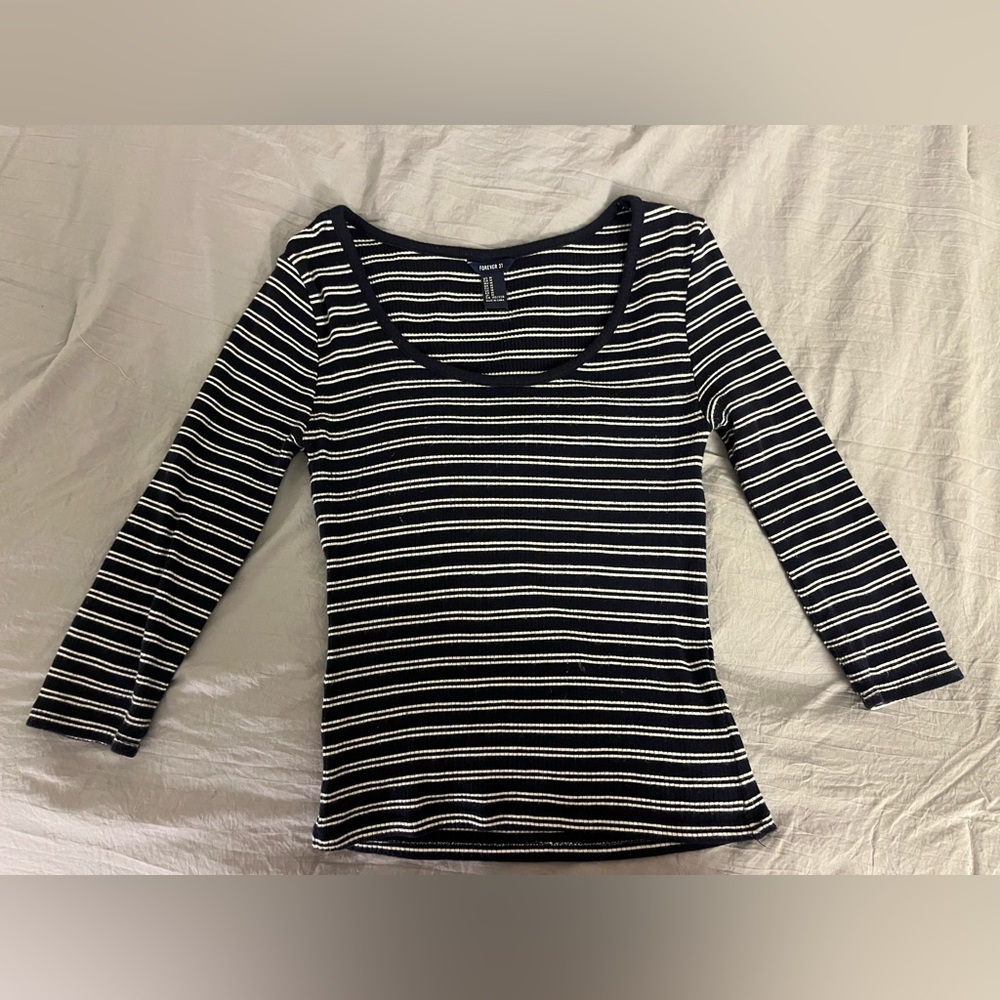 Navy Blue Striped 3/4 Sleeve Top, Forever 21, Medium